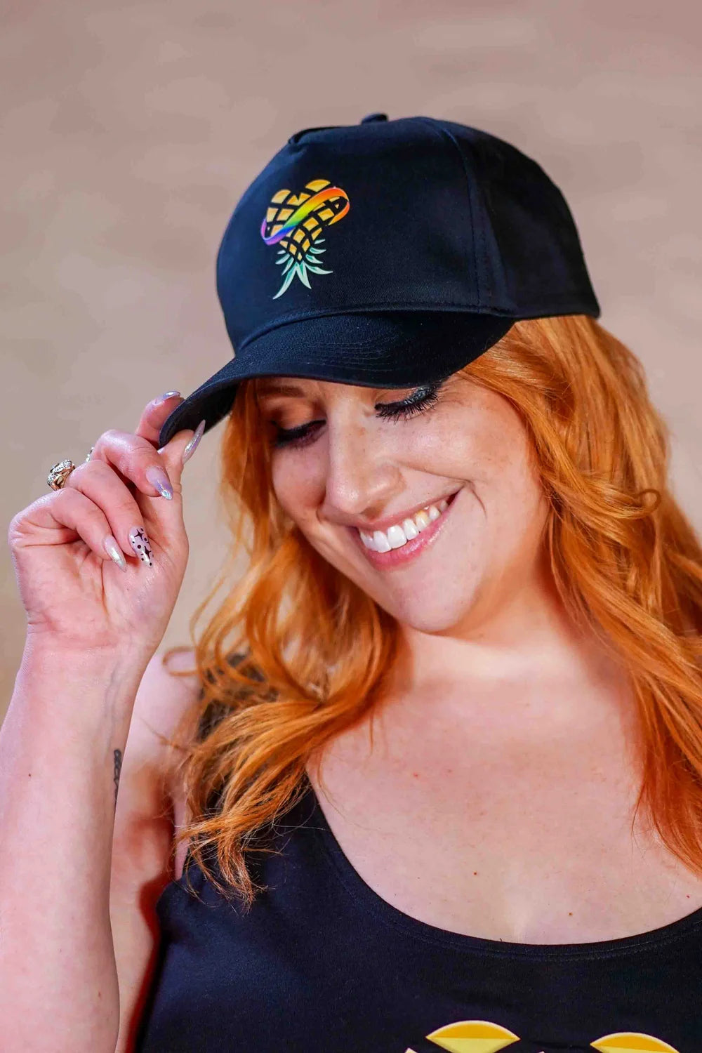 Woman Wearing Upside Down Pineapple Baseball Cap